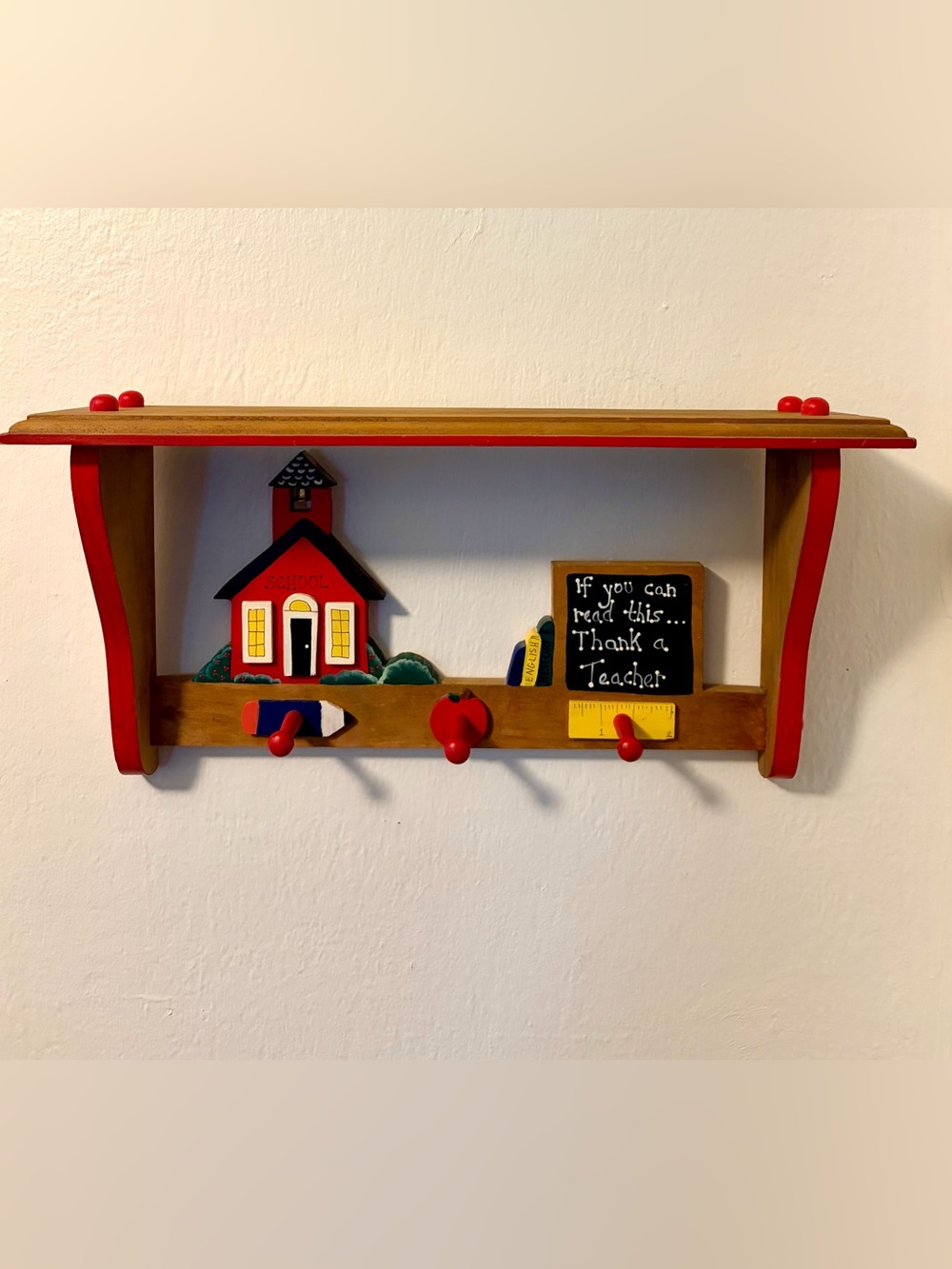 Vintage Wooden Trinket Wall Shelf Key Holder Pegs School Teacher Apple